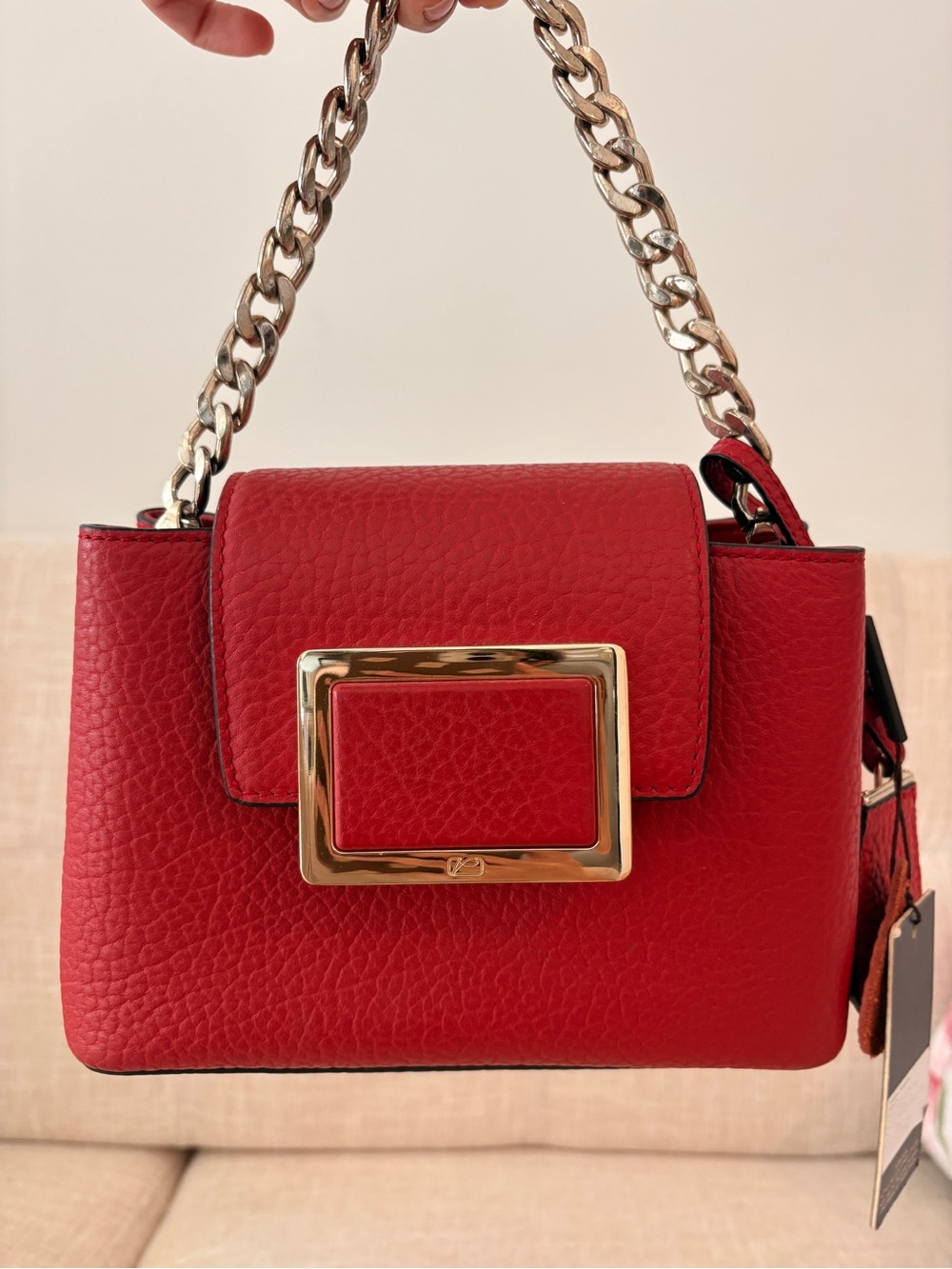 Valentino Red Pebbled Leather Mini Shoulder Bag with Gold Chain